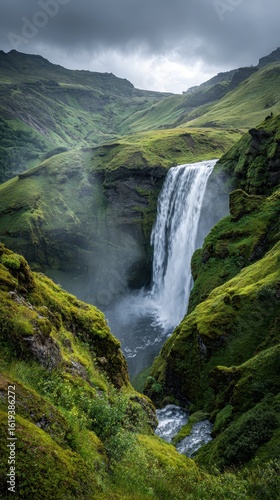 Waterfall cascade in Iceland; lush green hills in the background. Nature tourism