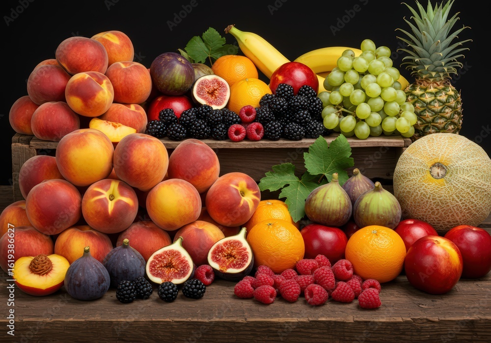 Abundance of fresh fruits including peaches figs grapes bananas and berries on wooden surface Abundance of fresh fruits including peaches figs grapes bananas and berries on wooden surface