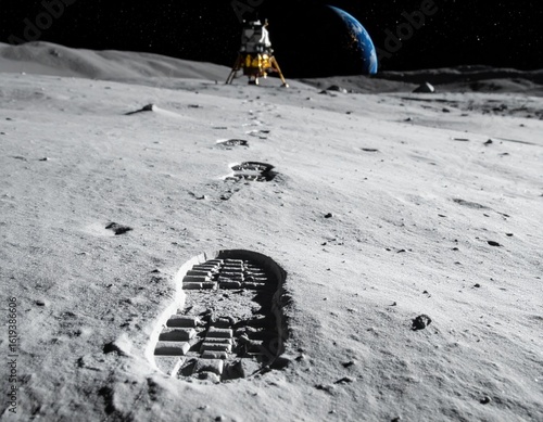 Human footprint on Moon surface with lunar lander and Earth