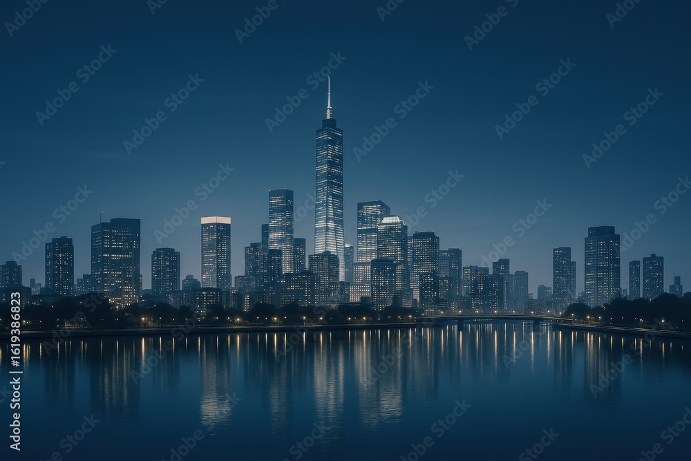 Fototapeta premium Urban Silhouette: A breathtaking cityscape, illuminated by a dark blue twilight. The buildings reflect in the calm water, creating a mesmerizing urban landscape.