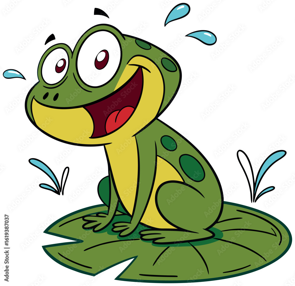 Fototapeta premium Happy Cartoon Frog Smiling With Water Splashes Vector