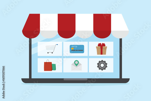 Online shopping concept. E-commerce retail business, digital marketing, technology Laptop with social media and application for home shopping illustration flat vector.