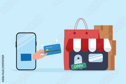 Online shopping concept. E-business technology for connect Customer and store. Smart phone and client hand payment by credit card to shop with shopping bag, delivery packaging illustration flat vector