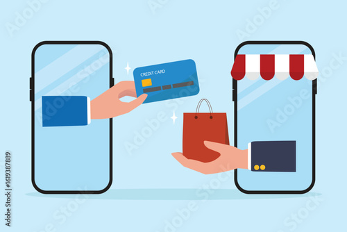 Online shopping concept. E-business technology for connect Customer and store. Smart phone and client hand payment by credit card to shop with shopping bag illustration flat vector.