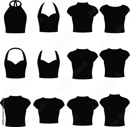 Black Apparel Silhouettes: Diverse Collection of Women's Halter Tops, Bralettes, and Stylish Crop Tops for Fashion Design, E-commerce & Modern Clothing Line, Vector Illustration Set.
