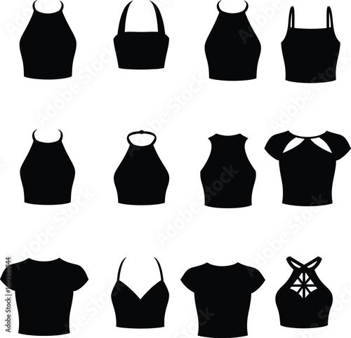 Fashionable Black Silhouettes: Diverse Collection of Women's Crop Tops, Halters, and Stylish Blouses for Modern Apparel Design & E-commerce, Vector Illustration.