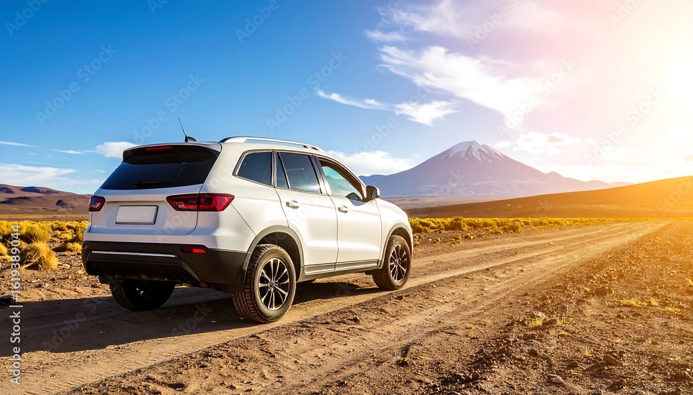Fototapeta premium White SUV on desert road, mountain backdrop