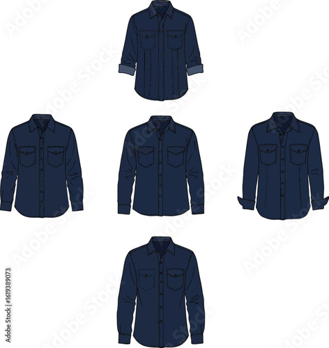 Versatile Set of Blue Denim Shirts with Rolled & Long Sleeves, Ideal for Men's Casual Fashion, Apparel Catalogs, and Design Projects.