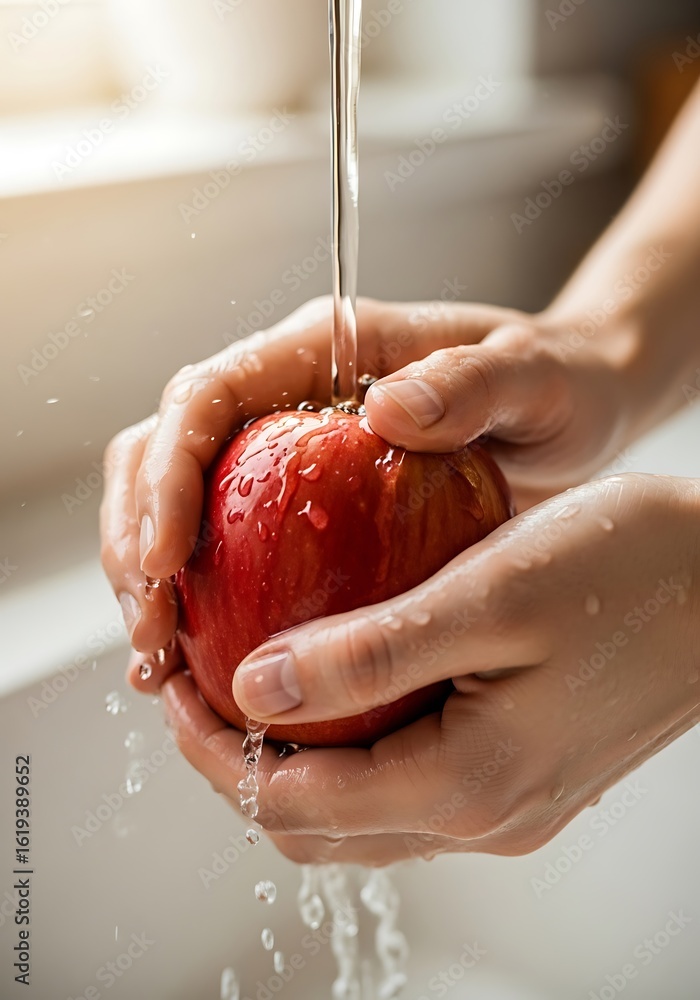 Fototapeta premium Fresh Apple Being Washed Under Running Water for Healthy Eating and Nutrition