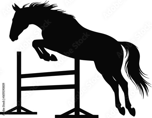 Black horse jumping over obstacle equestrian silhouette