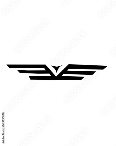 Minimalist black wing emblem with sleek, angular lines forming a symmetrical design, symbolizing freedom, speed, power, and flight in a modern, bold style.