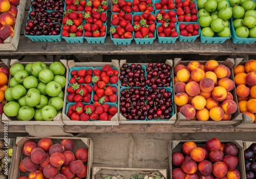 A display of fresh fruits including apples cherries strawberries and peaches in wooden containers