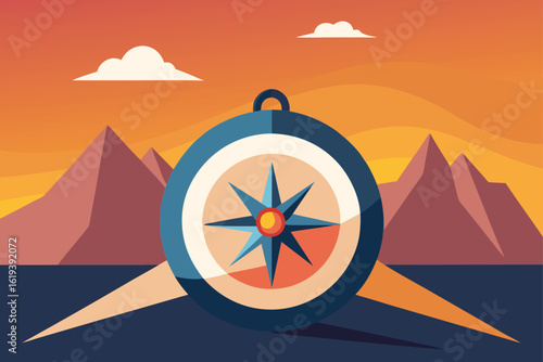 Compass resting on travel map at sunset