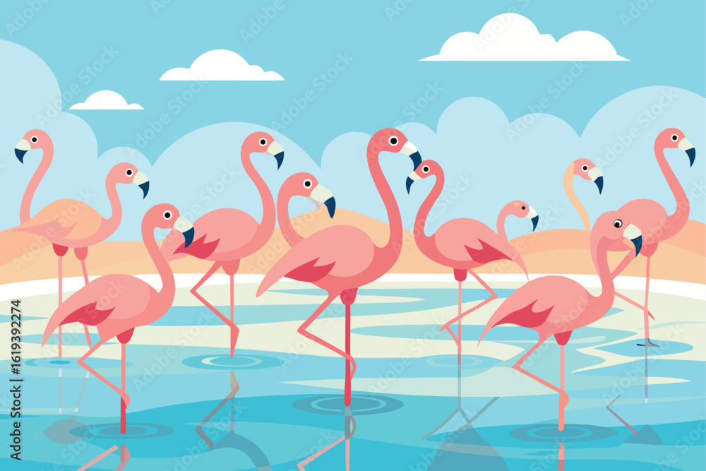 Fototapeta premium Flock of flamingos wading in shallow water