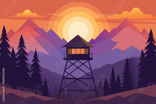 Forest firewatch tower at twilight scene