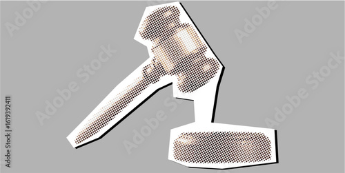 halftone stipple Hammer law dotted collage element pointillize in paper torn vector. Represents legal authority, judicial decision, and construction of justice with an artistic, deconstructed feel.