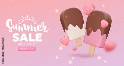 Banner with pink Ice cream on pink background, summer sale, up to 30%, 3d render. Design elements. Realistic sweet food poster. Vector illustration for menu, shop, flyer, web, adv, sale