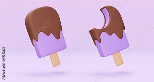 Set purple Ice cream, popsicle with chokolate glaze, 3d render. Design elements. Realistic sweet fast food icon. Vector illustration isolated on white for menu, shop, flyer, banner, web, adv, sale