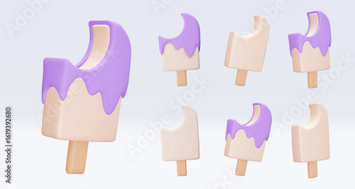 Set bitten Ice cream with chokolate glaze, icon, 3d render. Design elements. Realistic fast food icon. Sweet food. Vector illustration isolated on white for menu, shop, flyer, banner, web, adv, sale
