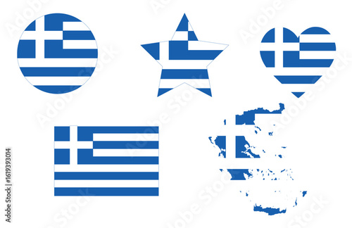 Set Greece flags, banners, banners, symbols, flat icon. Vector illustration of collection of national symbols on various objects and state signs,Greece map with Greek flag background.