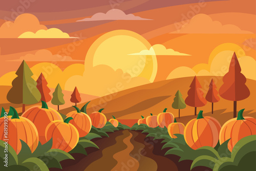 Pumpkin patch at sunset fall season