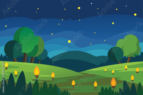 Rural field with fireflies and starry sky