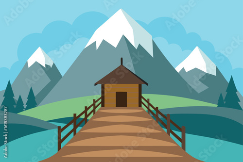 Rustic bridge leading to mountain hut