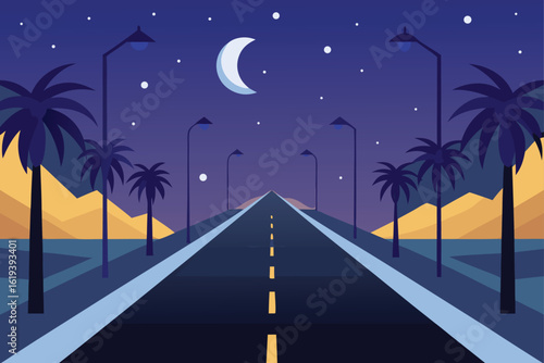 Scenic road with streetlights and palm trees