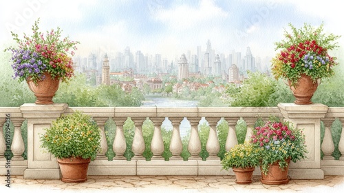 Serene Cityscape View from a Flower Filled Balcony