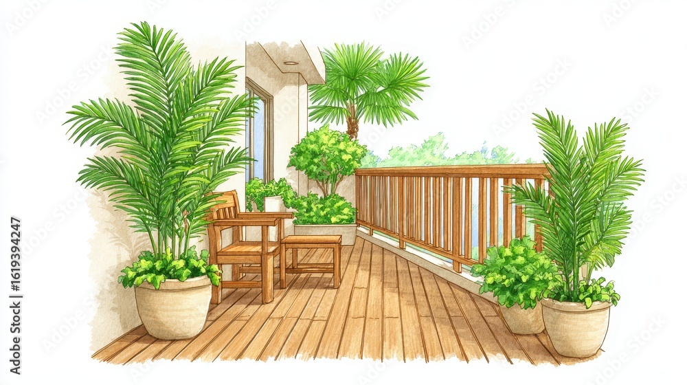 Fototapeta premium Serene Patio with Lush Greenery and Wooden Deck