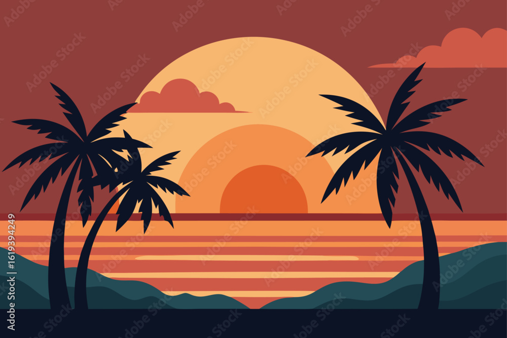 Obraz premium Flat tropical beach sunset with palms