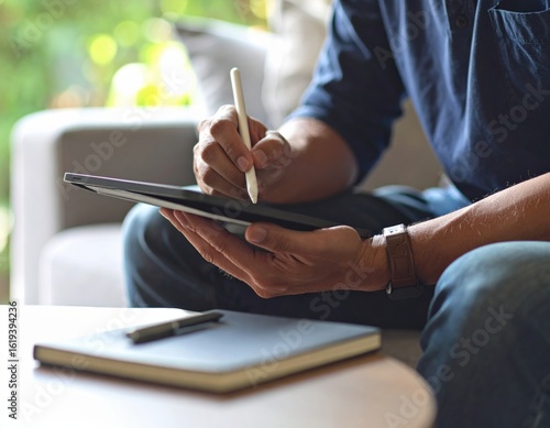 Man using stylus on digital tablet for work at home