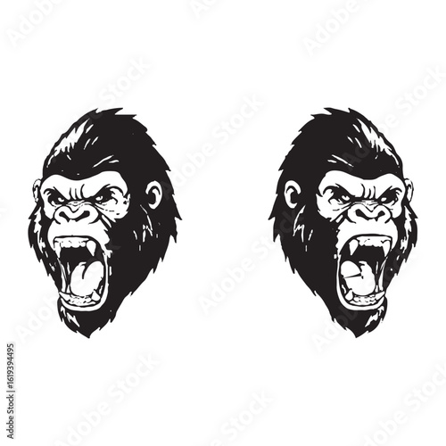  Angry Chimpanzee Head Black and White Illustration