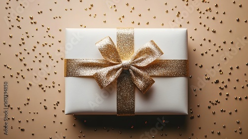 Blank white gift box wrapped in a golden bow with sparkling accents