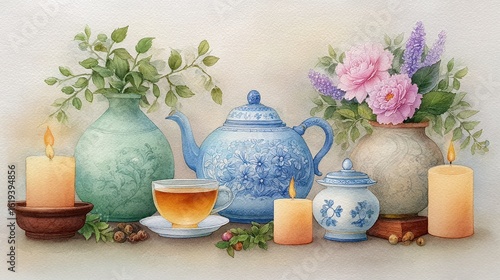 Wallpaper Mural Teapot Teacup Candles and Flower Vases Composition in Serene Still Life Torontodigital.ca