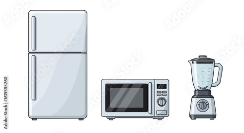 Kitchen Appliances Set: Refrigerator, Microwave, and Blender in Pixel Art Style