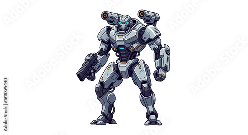 Heavy Armored Combat Robot Mech with Weapons Illustration