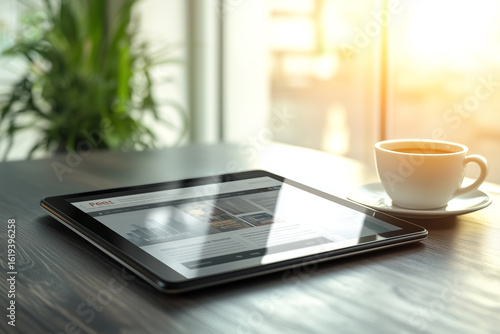 Digital tablet displaying morning news feed placed next to a coffee cup on a modern working table. Concept of technology, information consumption, routine, work and digital lifestyle.