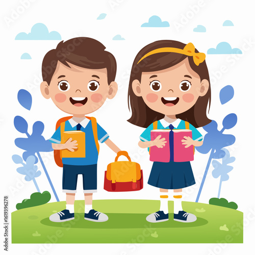 Cute cartoon elementary school children holding books. A happy boy with a backpack and lunchbox stands with a girl student.
