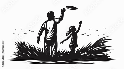 Illustration of a father and daughter playing frisbee in a field with birds flying in the background silhouette
