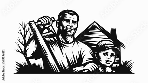 Illustration of a man carrying a ladder with a boy in front of a house and trees in black and white style silhouette