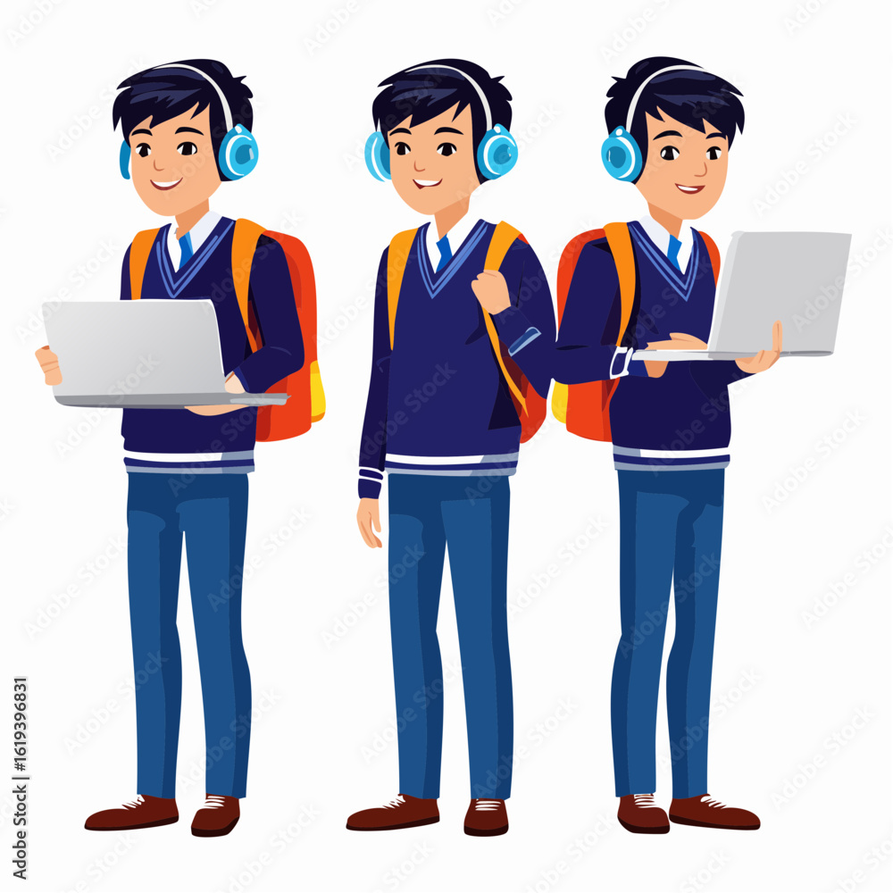 Vector illustration set of a modern high school student character in uniform, shown in different poses with a laptop and headphones