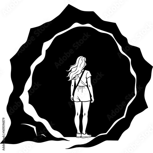 Sketchy emblem of tourist hesitantly enters a dark cave. Engraving minimalistic vector in black ink drawing on transparent background
