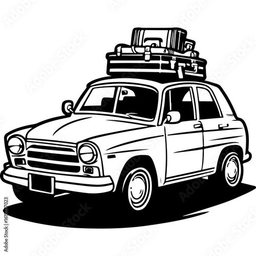 Sketchy sport emblem of Old car loaded with suitcases ready for travel. Engraving minimalistic vector in black ink drawing on transparent background