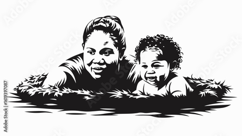 Illustration of a mother and child together in a nest like setting rendered in black and white style silhouette