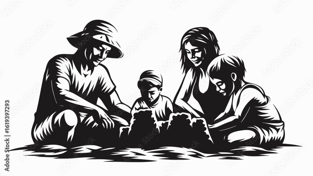 Obraz premium Family of four building a sandcastle together on the beach with a hat and happy expressions shown silhouette