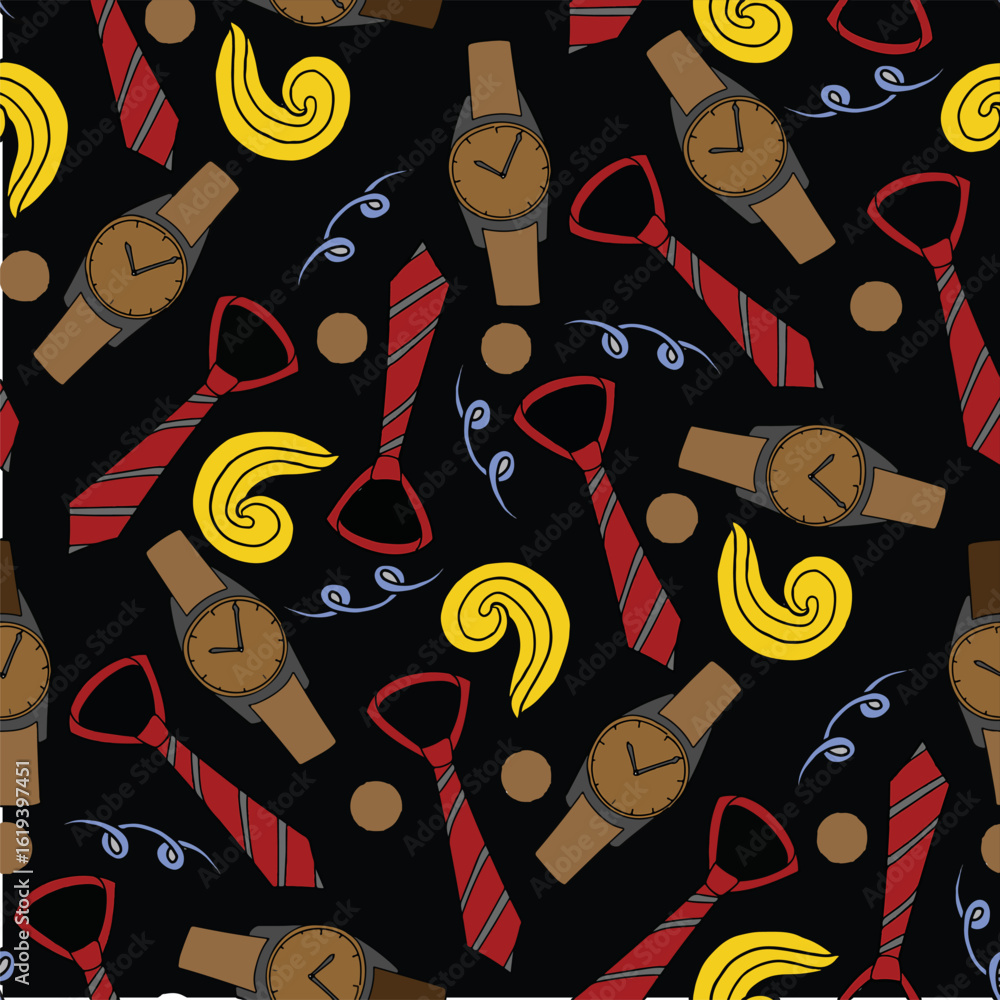 Obraz premium Stylish Pattern of Watches, Ties, and Decorative Elements on dark Background