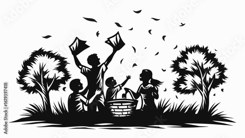 Silhouette of family throwing papers in the air during an outdoor picnic with trees and grass around them