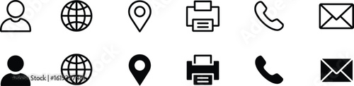 Essential contact and communication icons set including phone, email, user, location, globe, printer in flat black vector design