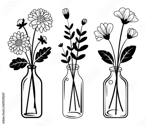Black and white floral illustration in glass vases flowers vector